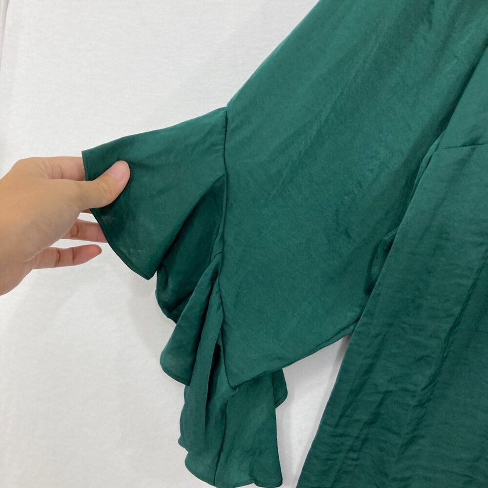 New Investments 3X Green Forest V Neck Ruffle Flare Sleeve Romantic Button Down - Picture 4 of 10